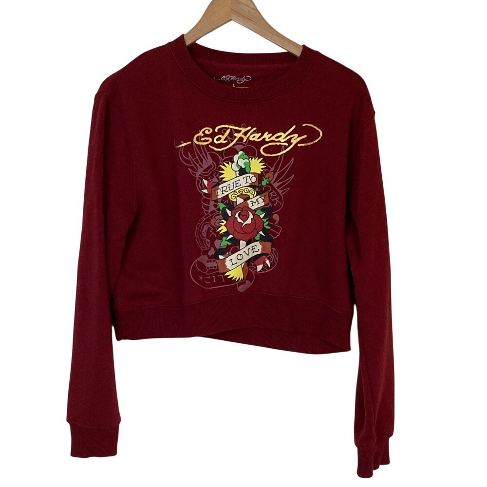 Ed Hardy Women's Maroon Graphic Boxy Crop Sweatshirt‎ Size L True To My Love